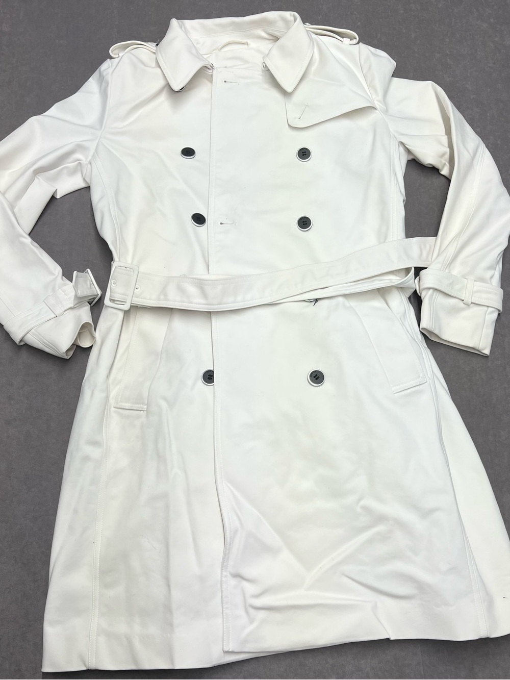DKNY White Double-Breasted Trench Coat with Belt